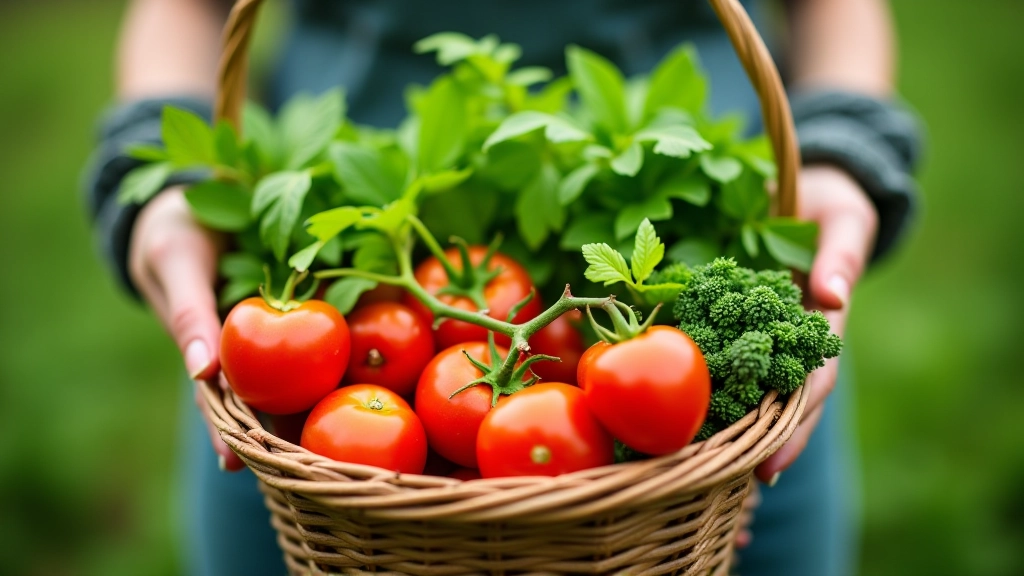 Harvested vegetables in a basket including tomatoes and peppers