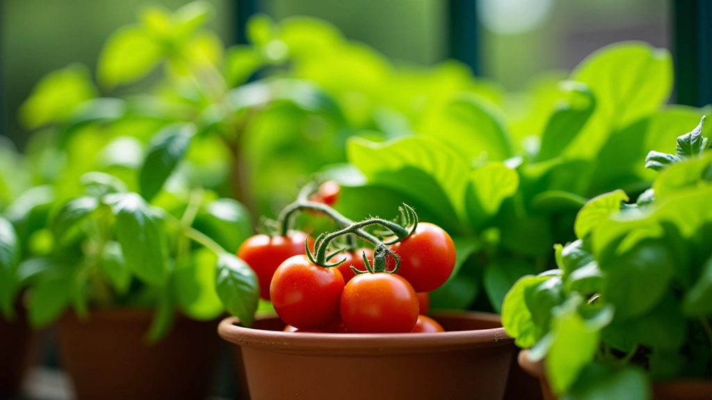 Variety of vegetables growing in containers - tomatoes, herbs, and leafy greens in different pots