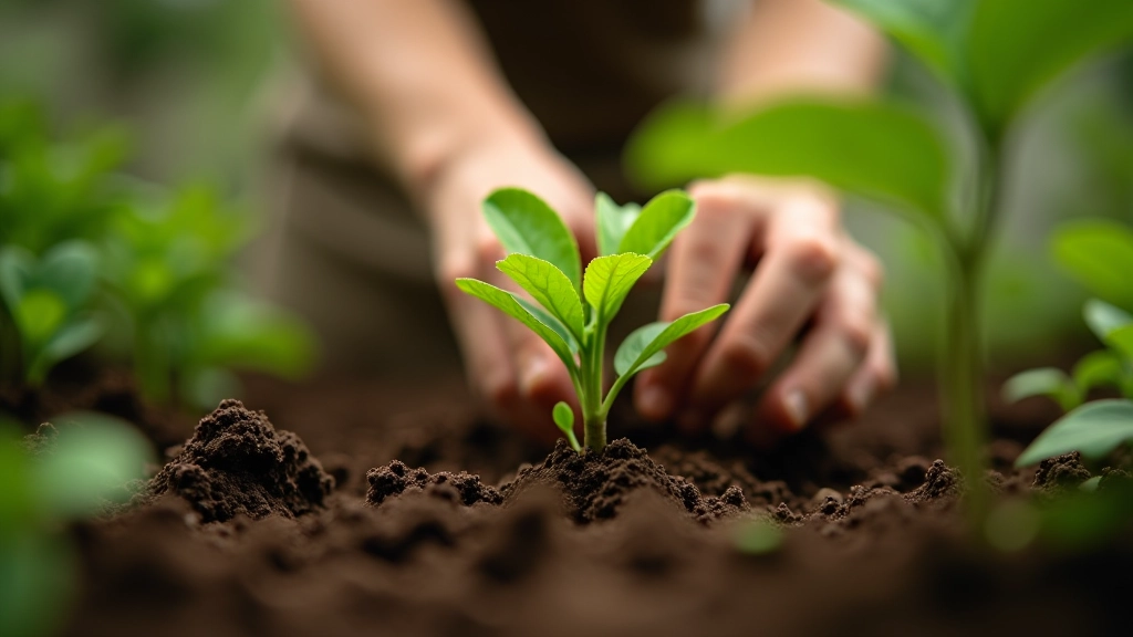 Close-up of hands planting seedlings in soil