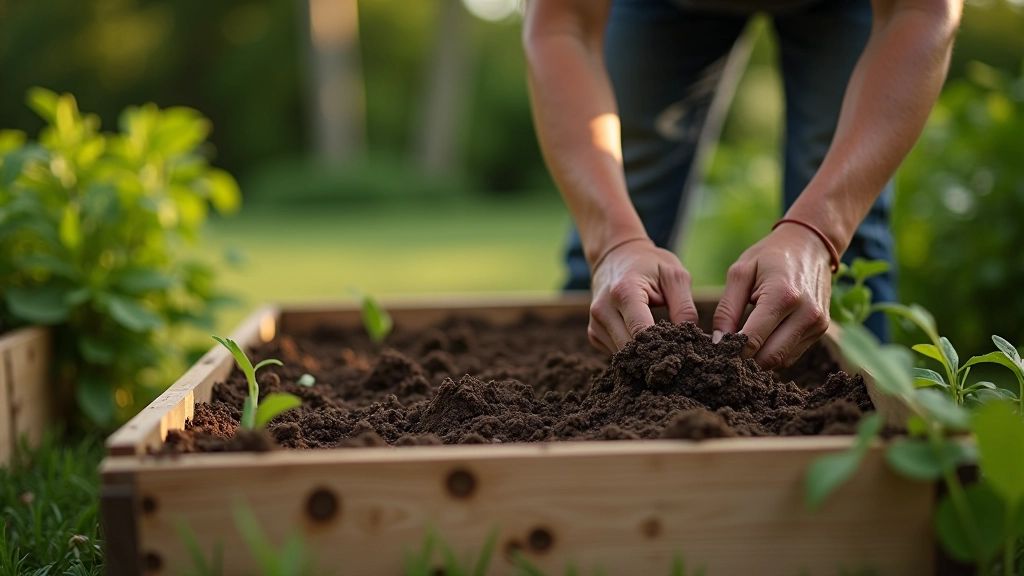 Gardener working with soil in raised bed, preparing Baltic garden for planting