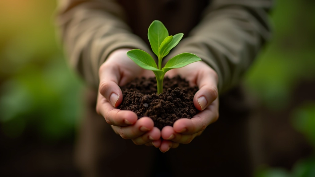 Hands holding garden soil and perennial plant seedling ready for planting in spring garden