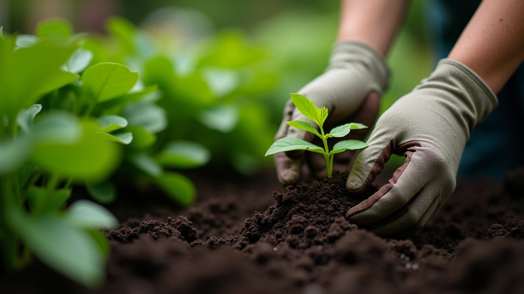 Hands planting seedlings in garden soil with vegetables in background