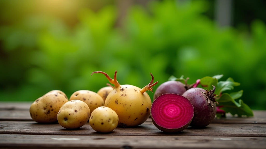 Fresh harvested vegetables including potatoes, beets, and leafy greens on wooden table