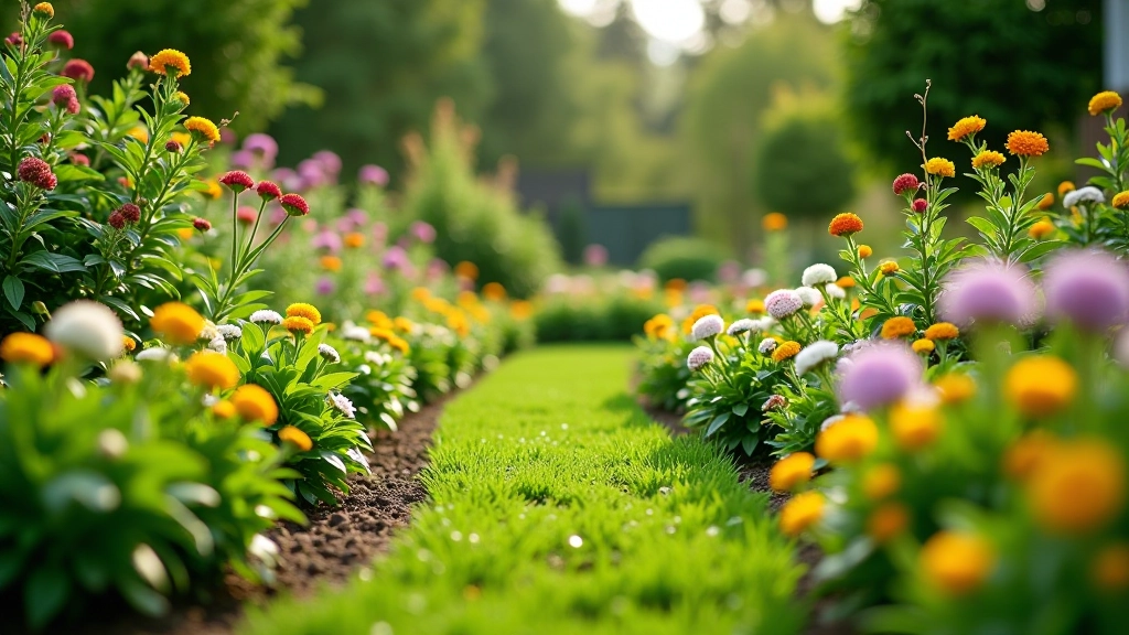 Well-designed perennial garden bed with multiple layers of blooming flowers and foliage plants in balanced composition