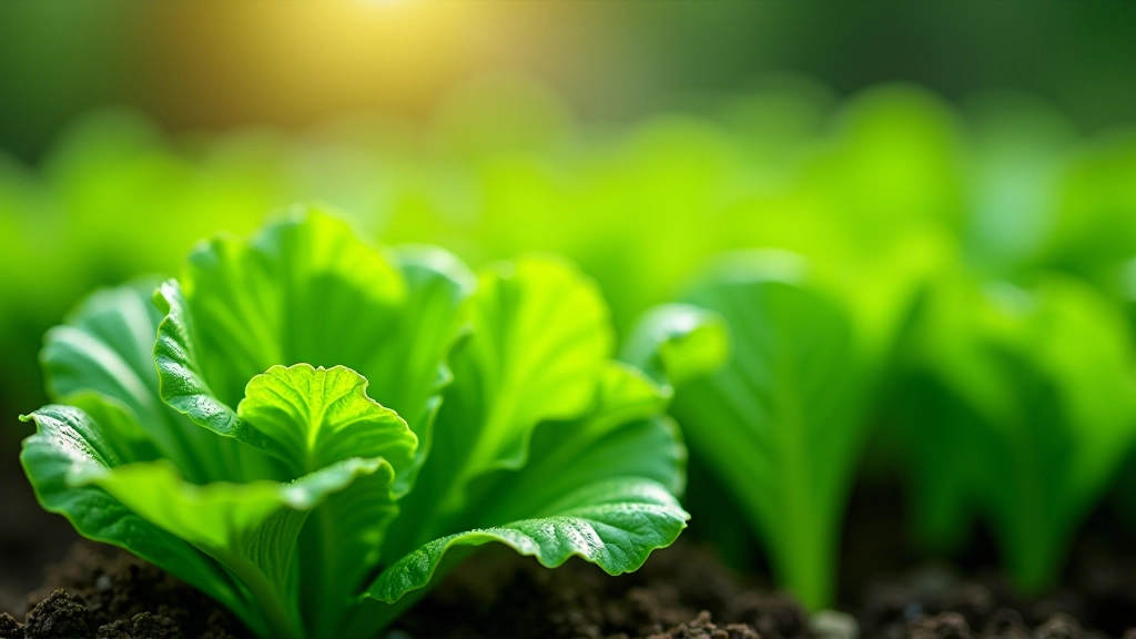 Leafy green vegetables growing in raised garden bed with morning dew on leaves