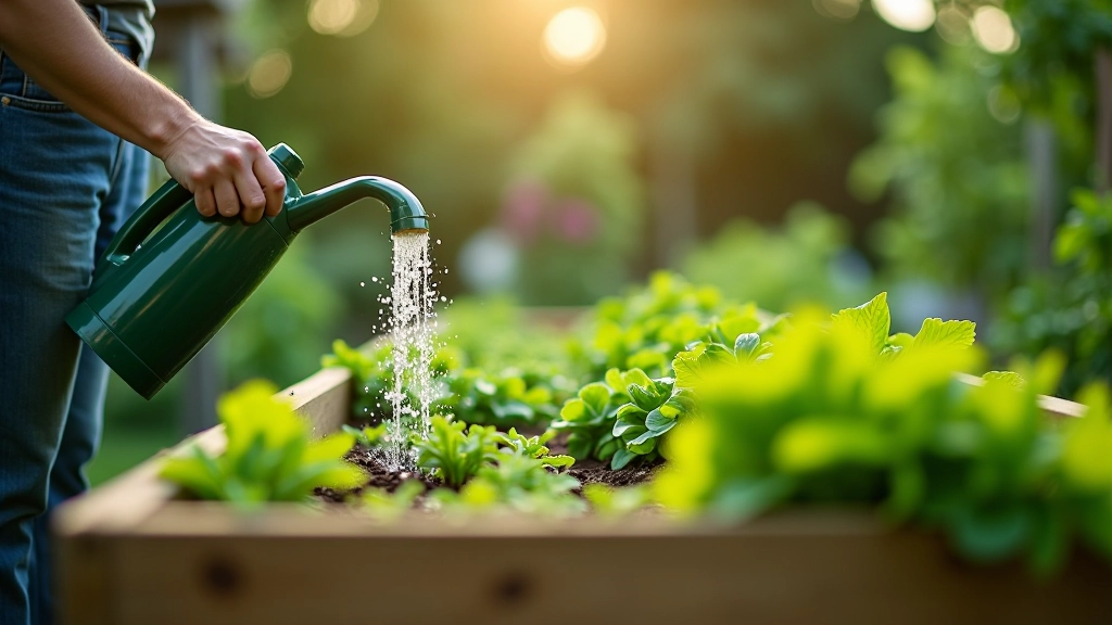 Well-established raised bed with healthy vegetables and watering can nearby