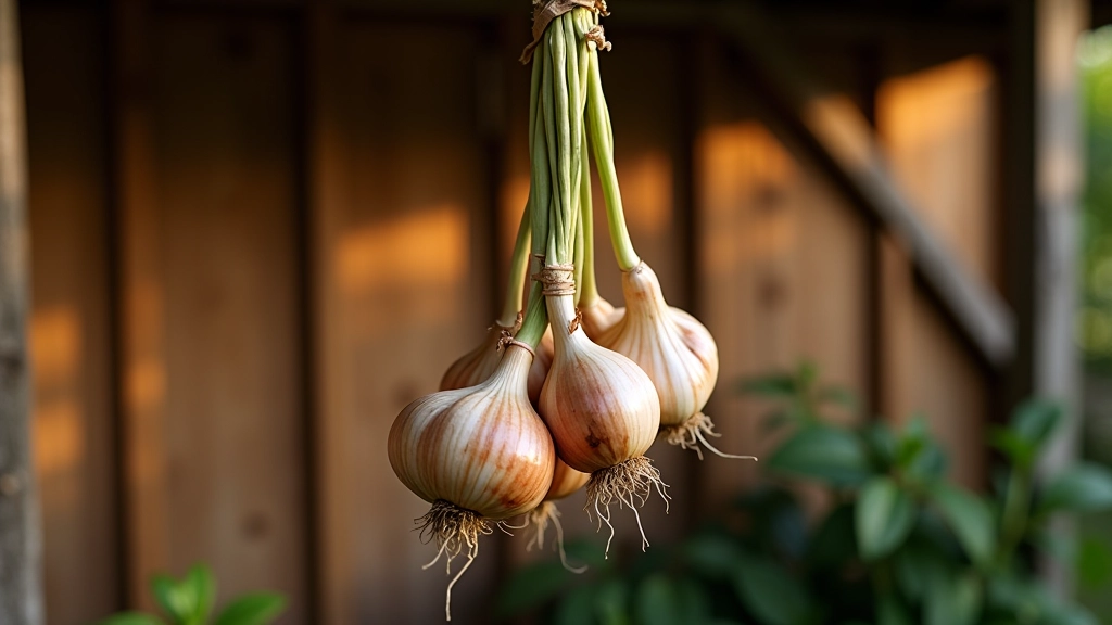 Onions and garlic hanging to cure in shed with dried herbs and garden tools visible