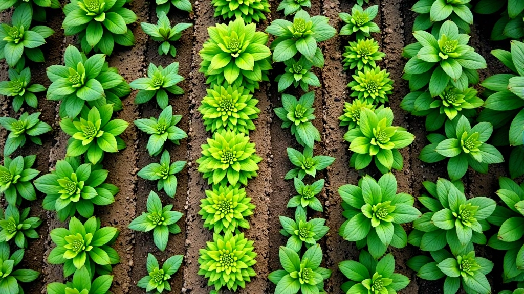 Raised garden beds with vegetables growing in rows