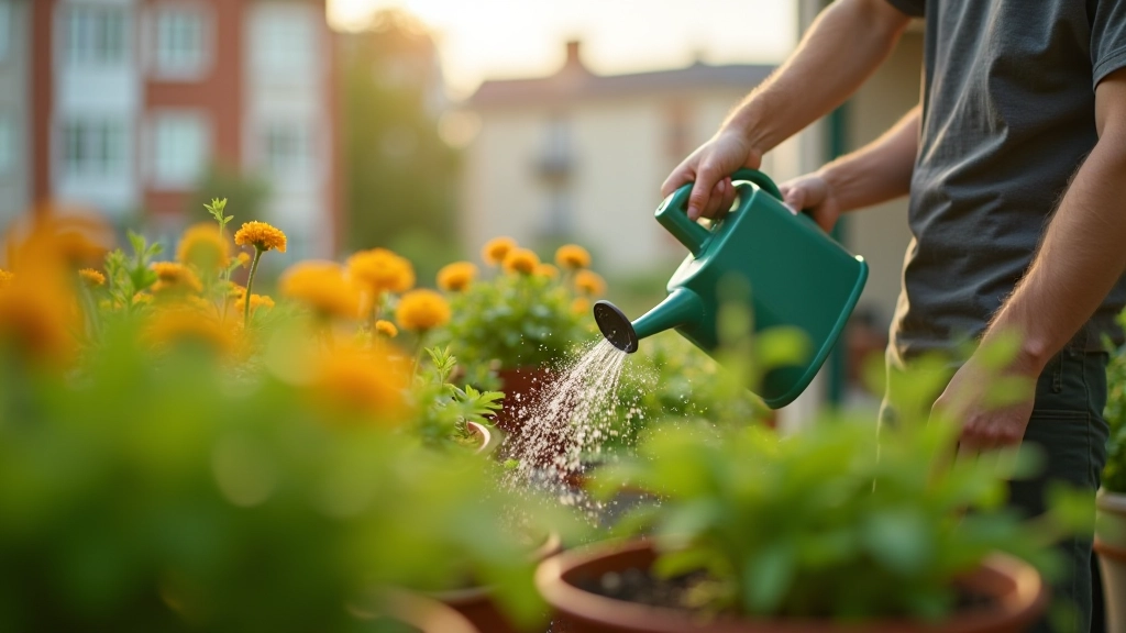 Person watering container plants with watering can on apartment balcony