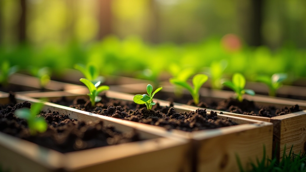 Raised garden beds with young vegetables growing in spring sunlight