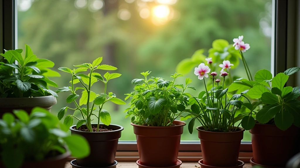 Urban balcony garden with container plants and herbs