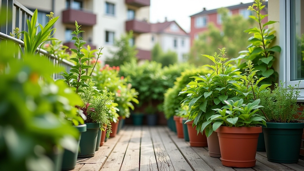 Urban garden space on apartment balcony with container plants and various sized pots