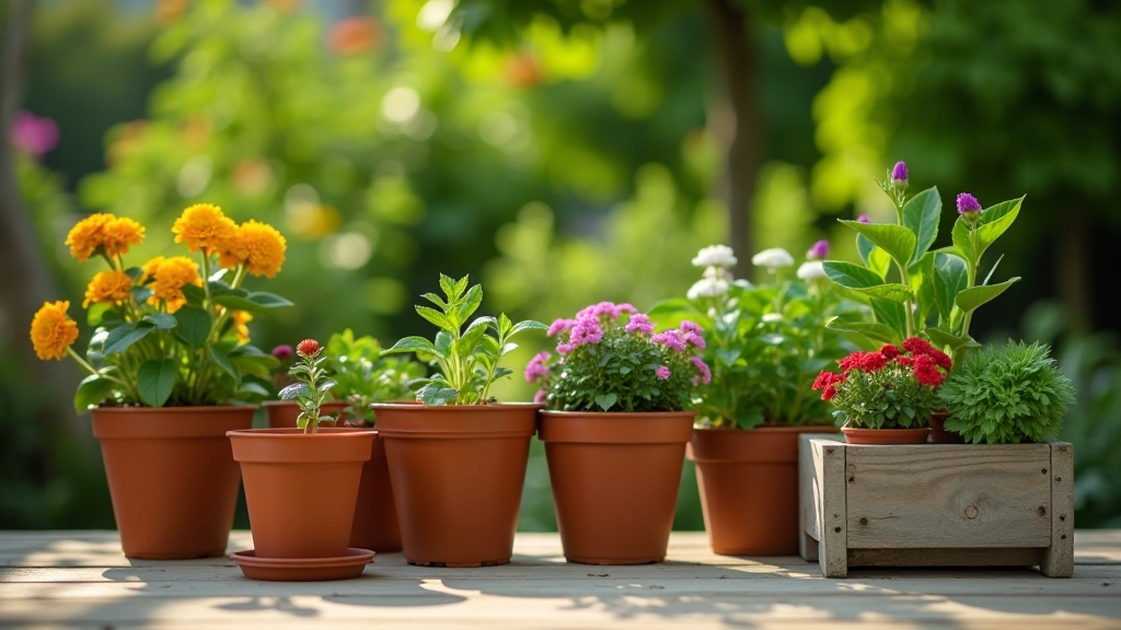 Selection of different sized gardening containers and pots on outdoor surface
