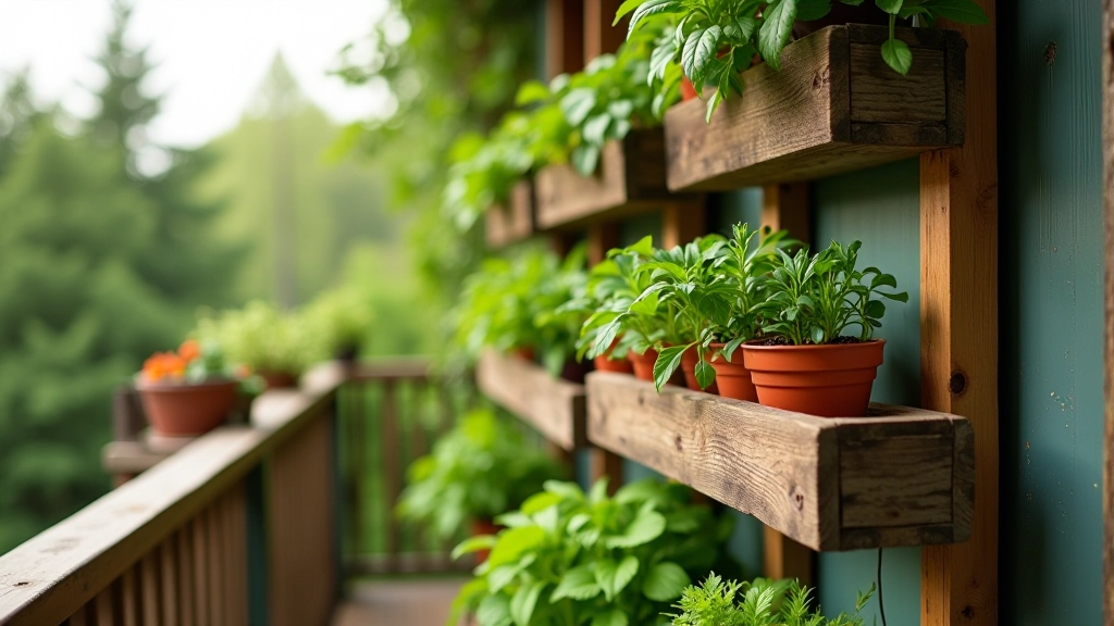 Vertical garden setup with stacked containers and wall-mounted herb pots on small balcony