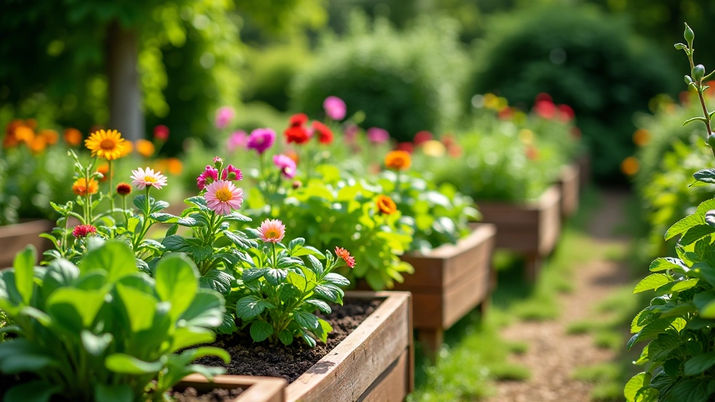 Lush urban garden with raised beds and green plants in Latvian climate